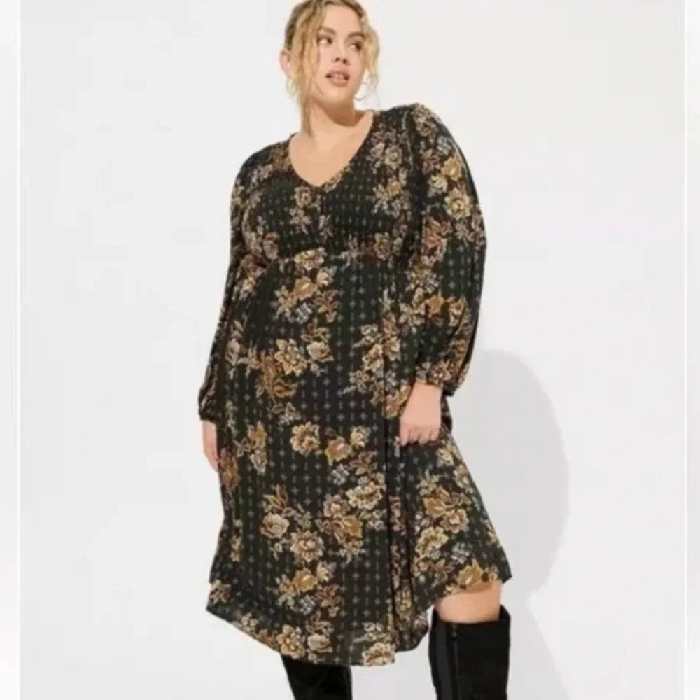 Torrid Floral Smocked V-Neck Boho Midi Dress Chic Romantic Peasant Size 2XL